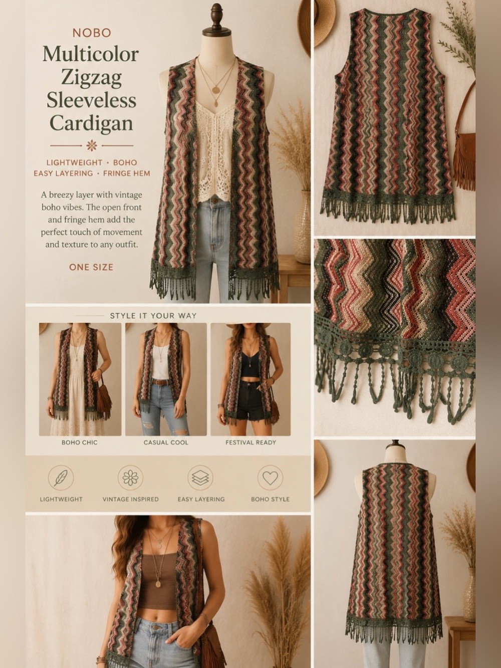 NOBO - Multicolor Zigzag Sleeveless Boho long vest duster NWT